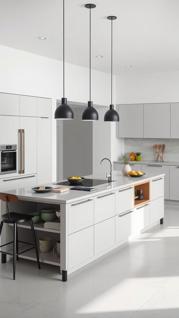 A modern minimalist kitchen featuring a multi-functional island with clean lines and smart storage.