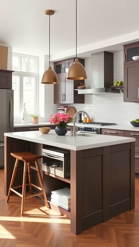 A modern kitchen featuring a stylish multi-functional island with wooden accents and bar stools.