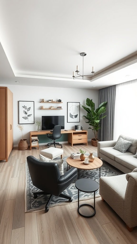 A modern farmhouse living room with a cozy seating area and a workspace.
