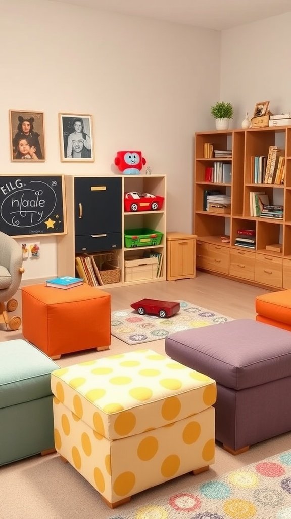 Colorful storage ottomans in a playful room