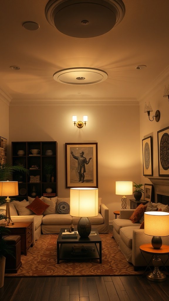 Cozy living room with layered lighting, including table and floor lamps.