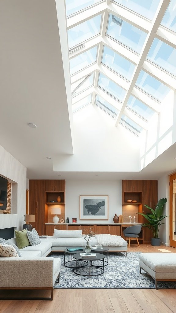 A modern living room with multi-layered skylights that provide ample natural light.