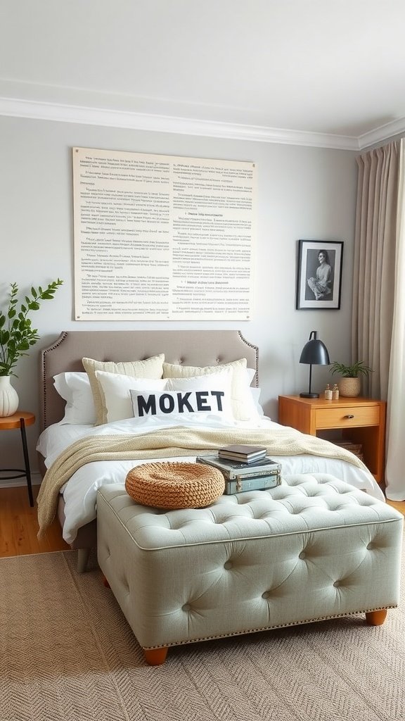 A cozy bedroom featuring a tufted storage ottoman, decorative pillows, and a stylish bed.