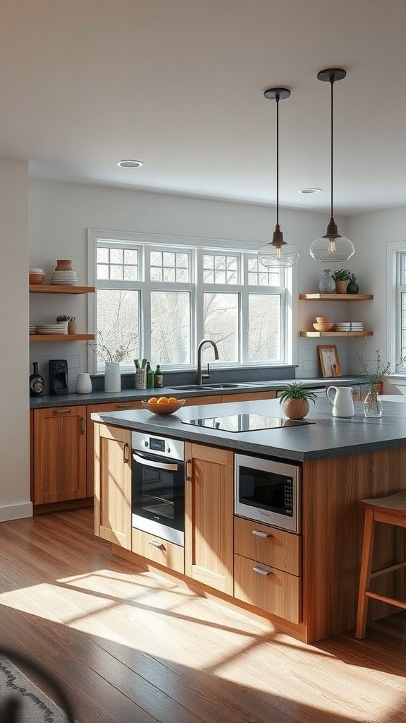 Modern kitchen with a multi-purpose island featuring built-in appliances.