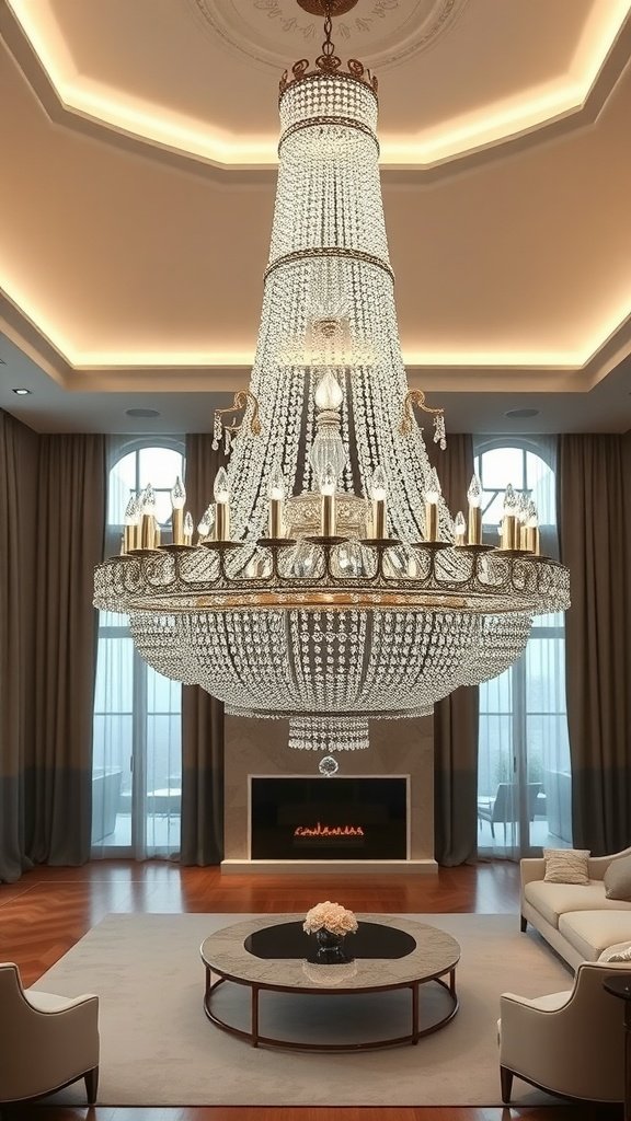 A luxurious multi-tier crystal chandelier hanging in a double-height living room.