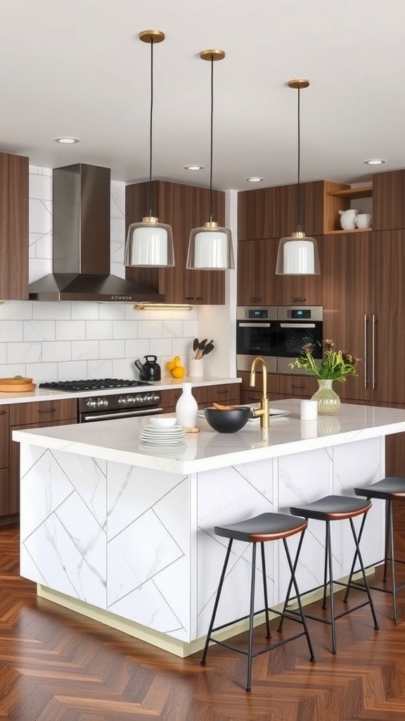 A multifunctional kitchen island in a modern kitchen with marble and wood finishes.