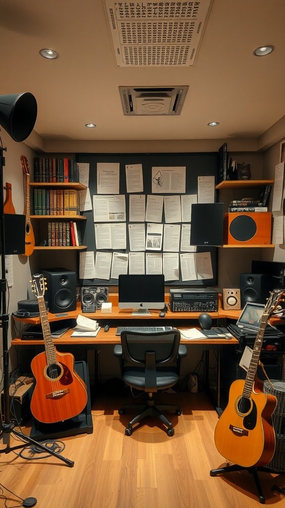 A music-themed study nook featuring guitars, sound equipment, and a workspace.