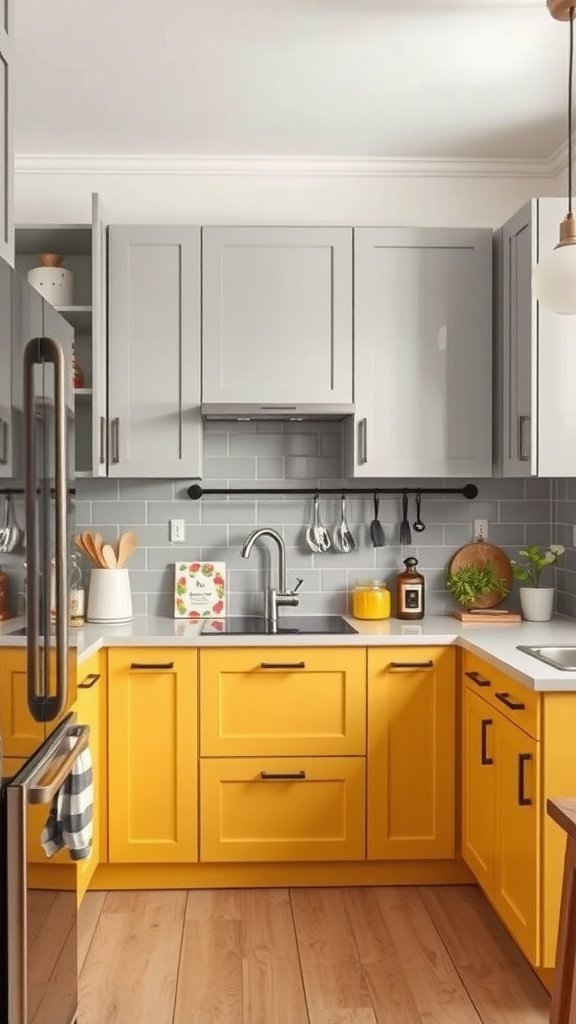 A kitchen featuring mustard yellow and gray two-tone cabinets.
