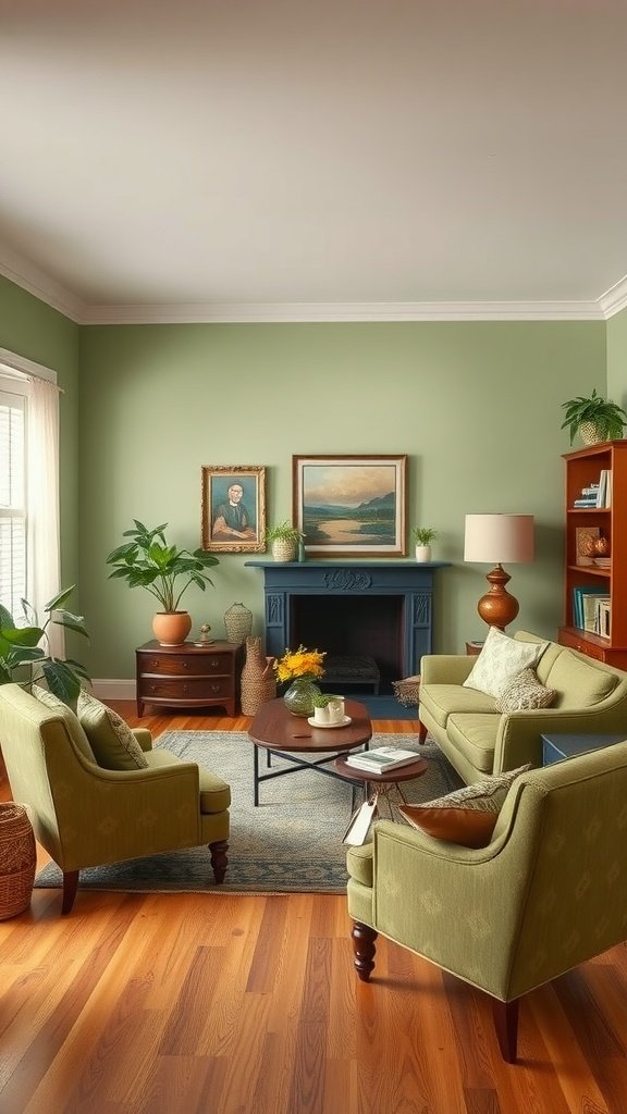 A cozy living room with muted avocado walls, green chairs, and warm wooden flooring.