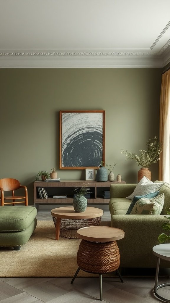 A cozy living room featuring muted moss green walls and furniture, with a stylish decor mix.