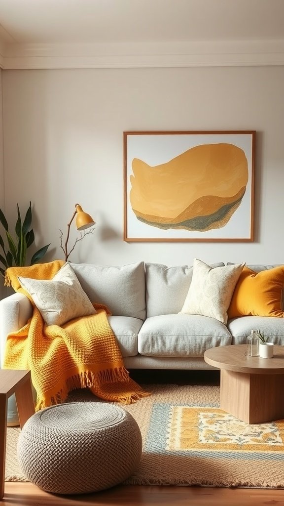 A serene living room with muted mustard accents, featuring a light couch, decorative pillows, and a warm blanket.