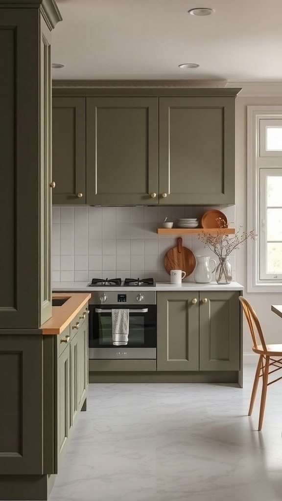 A kitchen featuring muted olive green cabinets, a wooden countertop, and a light-colored floor.