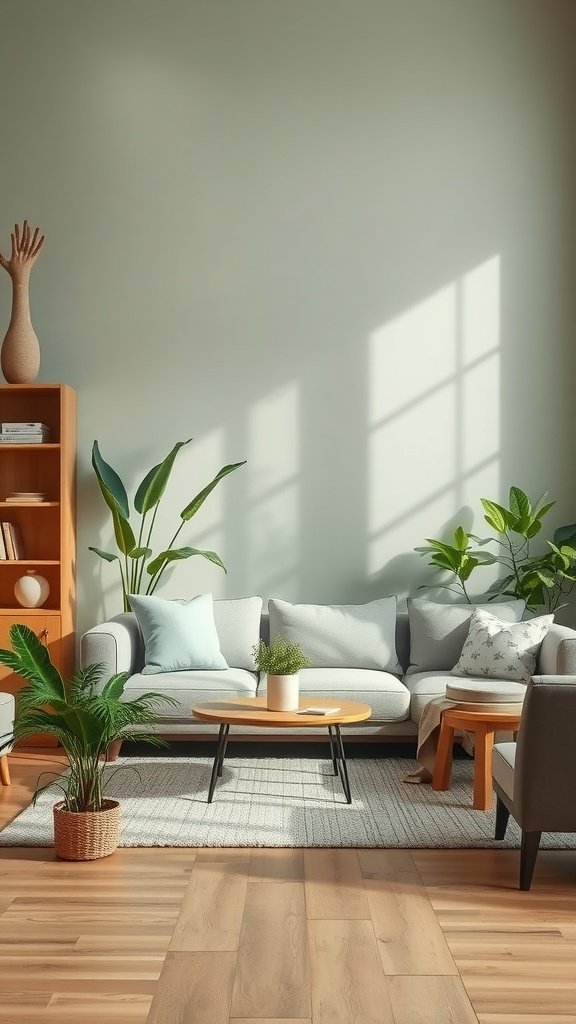 A serene living room featuring muted sage tones, light-colored furniture, and various plants.