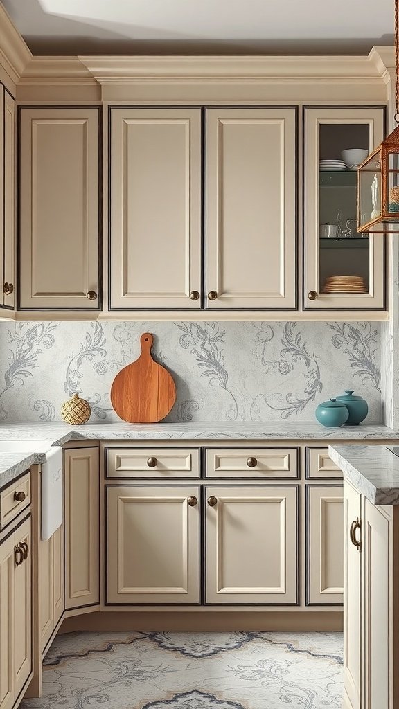 A modern kitchen featuring muted two-tone cabinets in soft gray and pale pink, complemented by wood accents.
