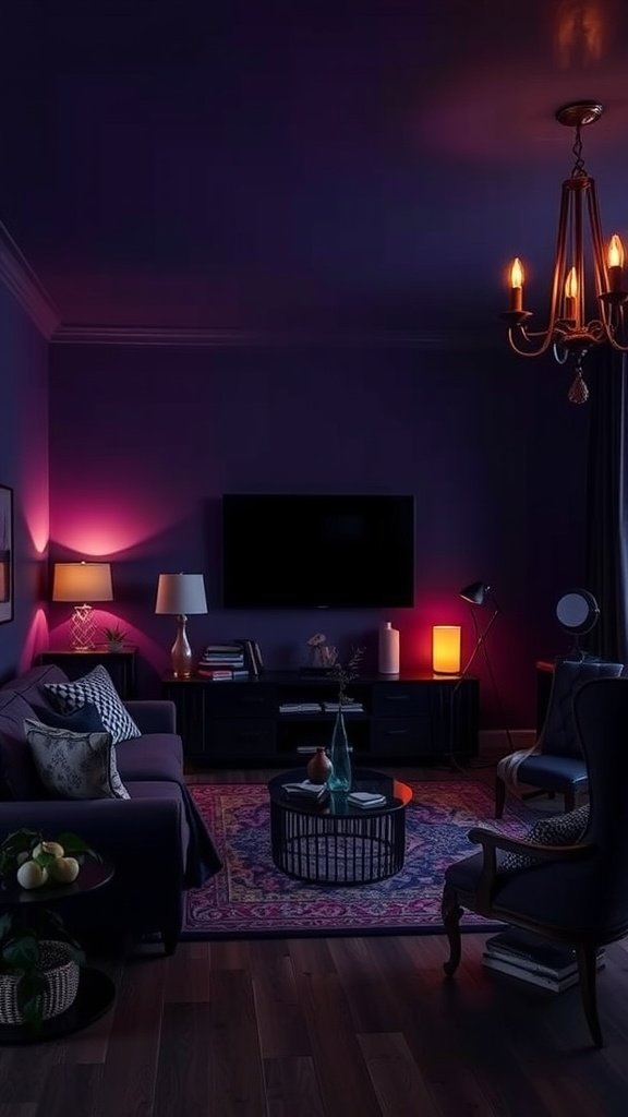 A cozy living room with indigo walls, warm lighting, and stylish furniture.
