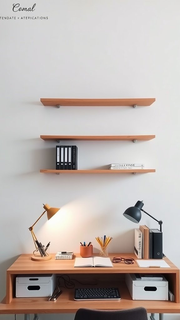 Narrow floating shelves above a desk with books and decorative items.