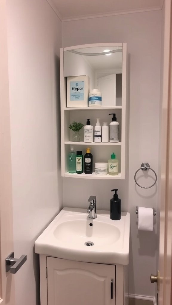 A narrow bathroom vanity with vertical storage shelves above a sink.