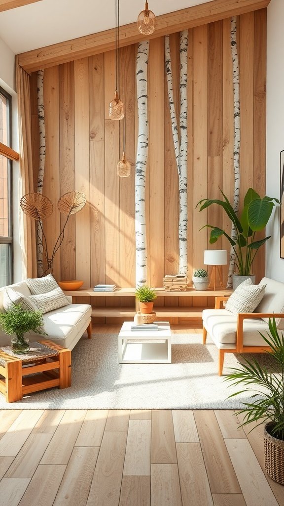 A modern living room featuring natural birch wood textures and warm tones.