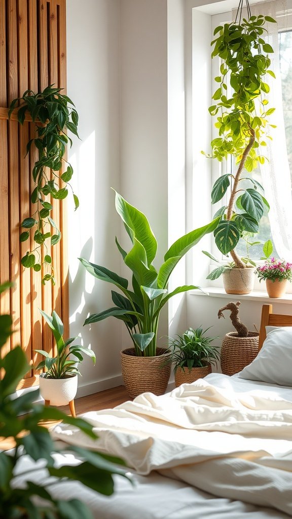 A bright bedroom corner featuring various houseplants in stylish pots, alongside a bed with soft linens.
