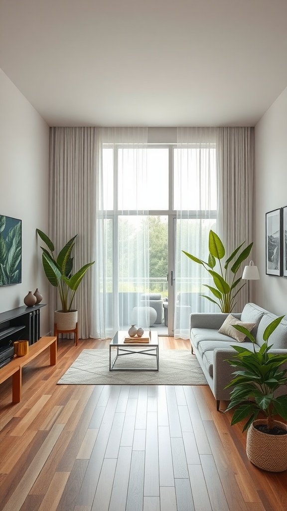Cozy French country living room with large windows and indoor plants.