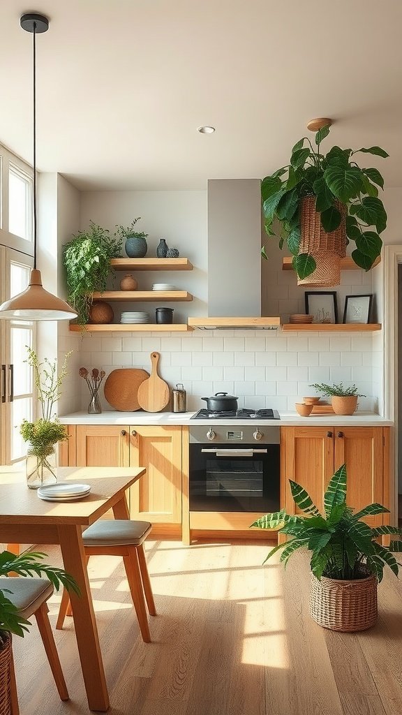A modern kitchen featuring wooden cabinets, a dining table, and indoor plants.