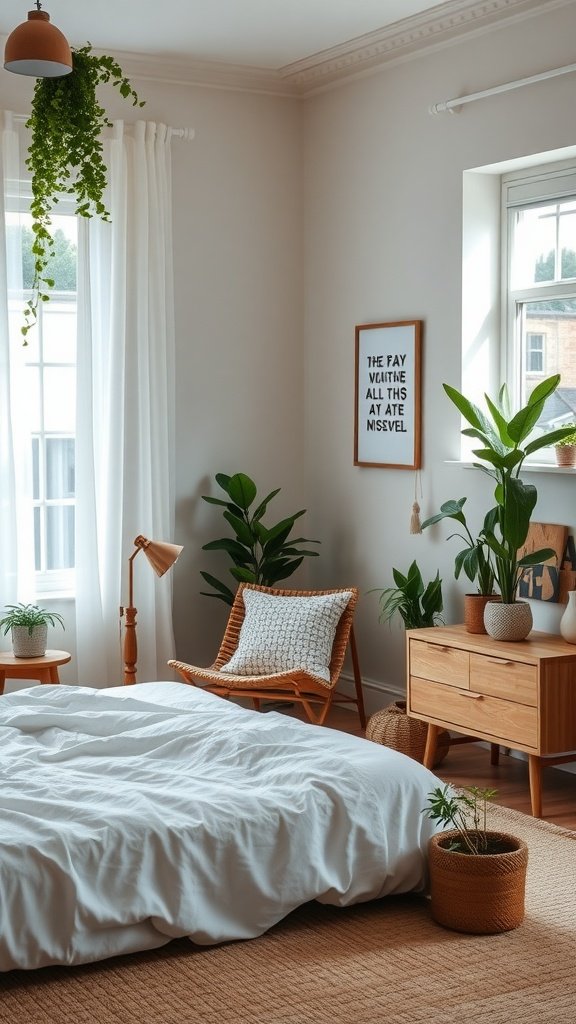 A cozy bedroom featuring wooden furniture and various indoor plants, creating a warm atmosphere.