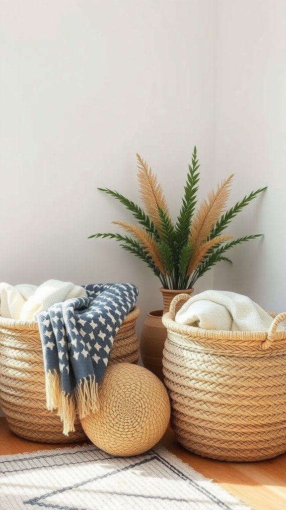 Natural fiber baskets with blankets and a plant in a cozy living room.