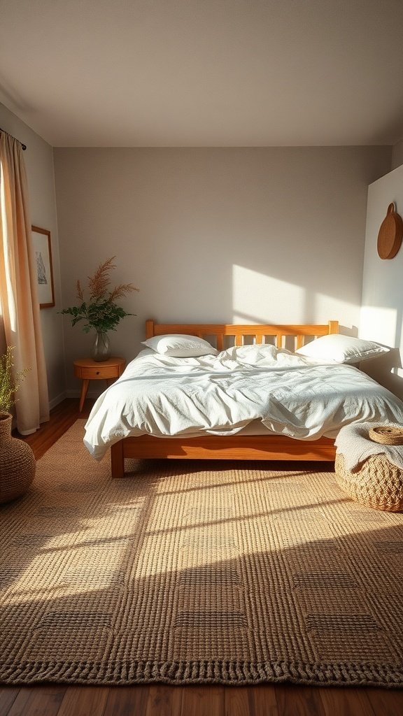 A serene bedroom featuring a natural fiber rug under a wooden bed with soft bedding.