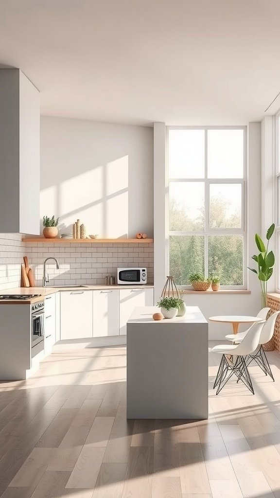 A bright kitchen with large windows, modern appliances, and a cozy dining area.