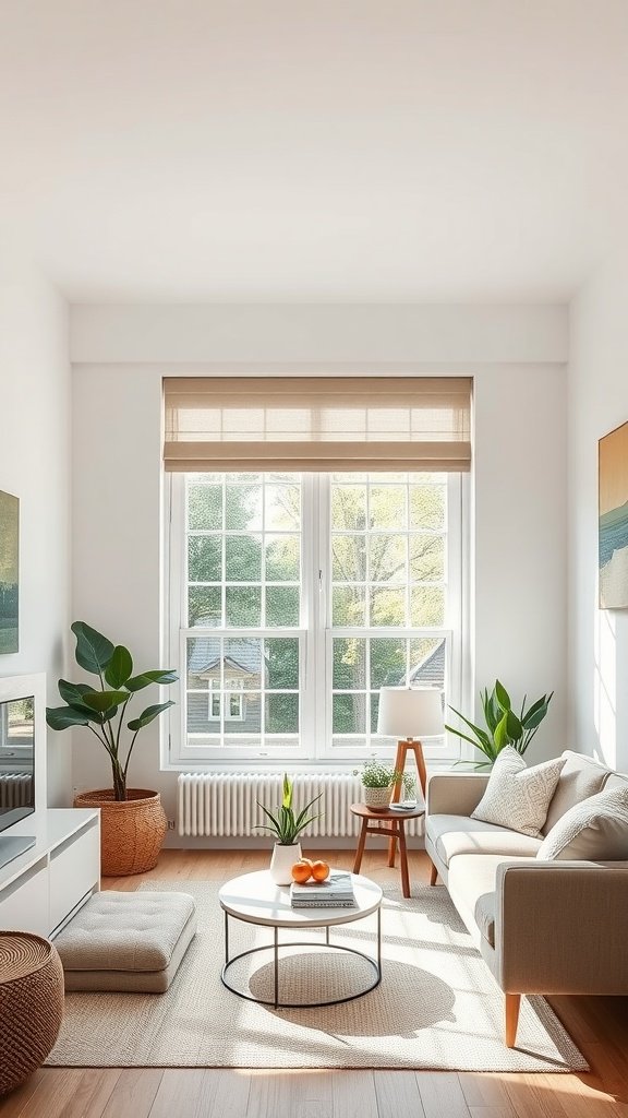 A bright and airy small living room with large windows, minimal furniture, and plants.