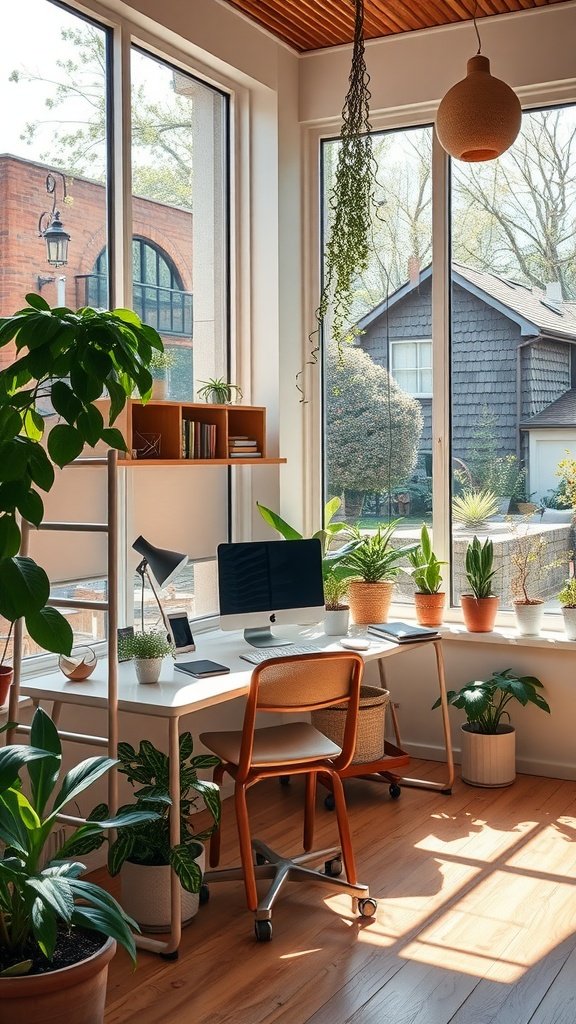 A bright home office with large windows, plants, and a desk setup.