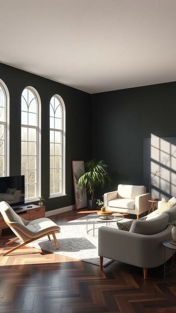 A stylish living room with dark walls and light furniture, featuring large windows that let in natural light.