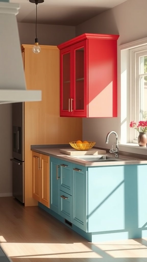 A kitchen with two-tone cabinets featuring red and blue colors, illuminated by natural light.