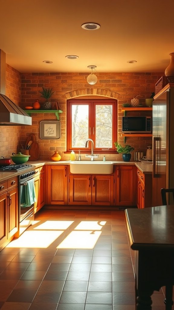 A warm and inviting kitchen with terracotta, olive, and wooden tones enhanced by natural light.