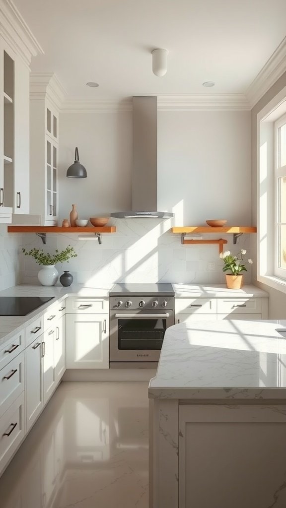Bright kitchen with marble countertops and natural light.