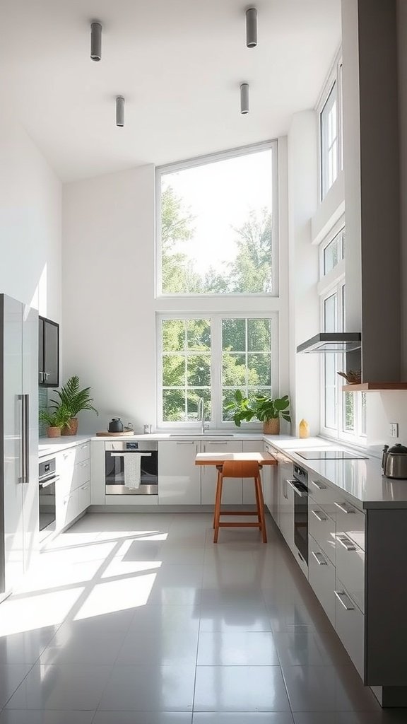 A bright and modern kitchen with large windows, white cabinets, and natural plants.