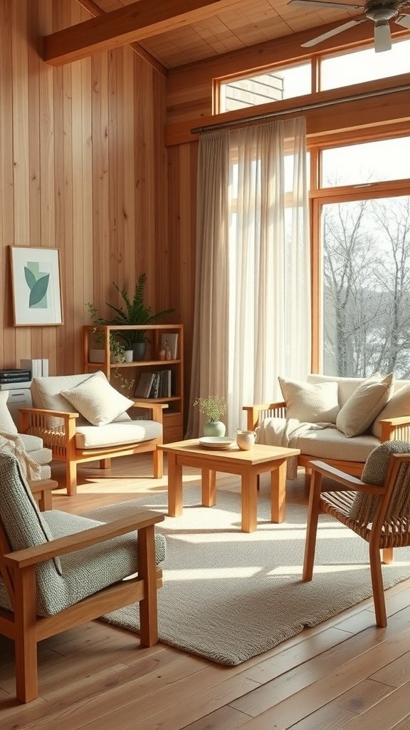 A cozy living room featuring wooden furniture and soft textiles, combining Japandi and Scandinavian design.