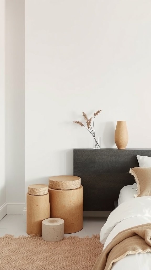 A serene bedroom featuring natural stone accents and earthy tones.