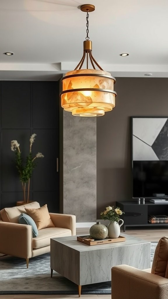 A stylish pendant light featuring natural stone and metal, hanging above a modern living room setup.
