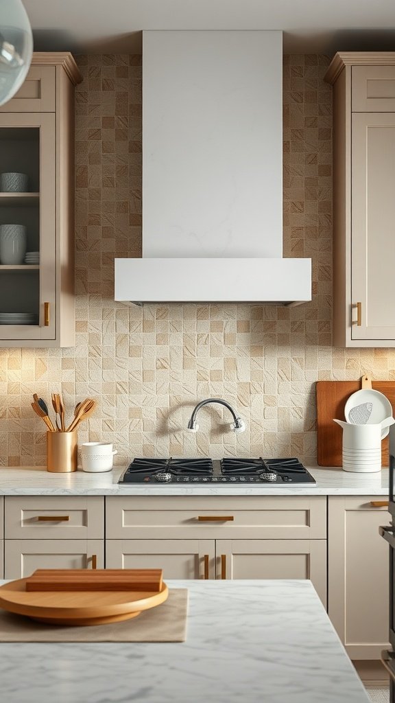 A modern kitchen featuring a natural stone backsplash with warm tones.