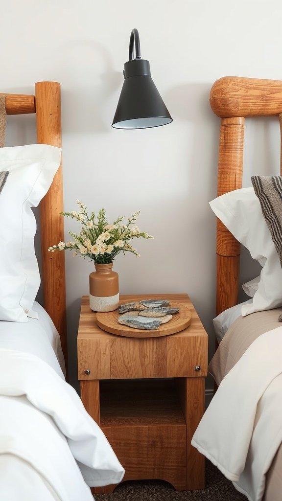 Natural stone coasters on a wooden nightstand next to a flower vase.