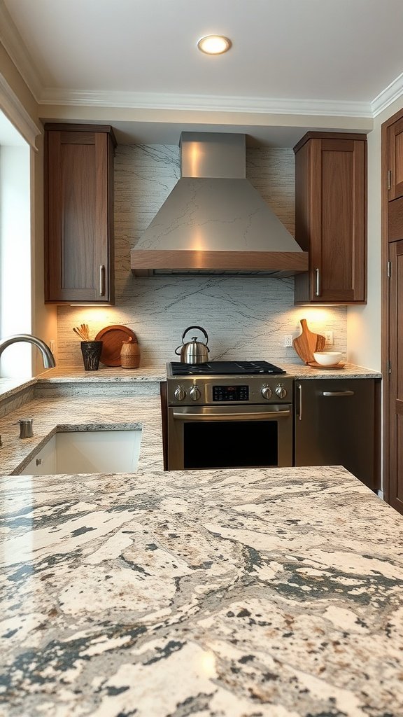 A modern kitchen featuring natural stone countertops with a sleek design.
