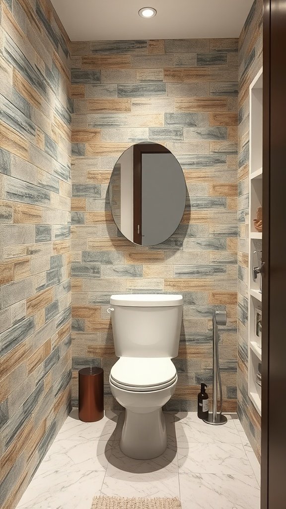 A small bathroom featuring natural stone effect wallpaper with a toilet, mirror, and minimalist decor.