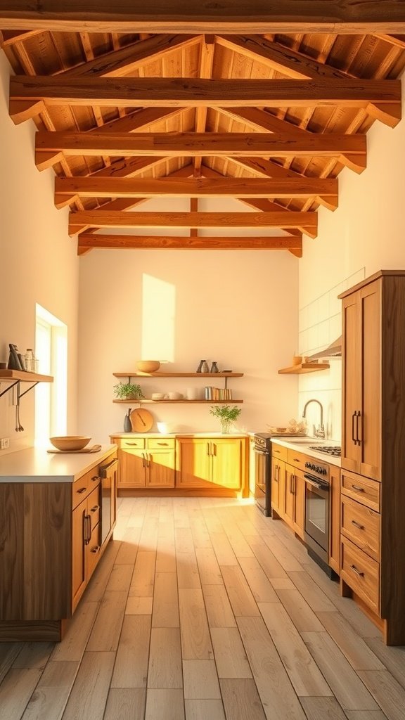 A cozy kitchen with natural wood accents, featuring wooden beams and cabinets, illuminated by warm lighting.