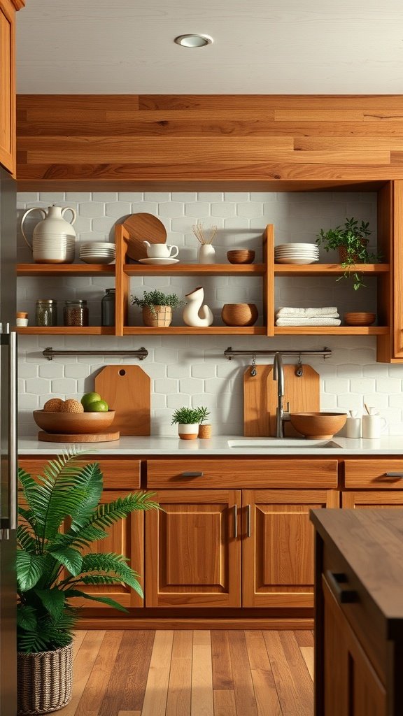 A boho kitchen with natural wood accents, showcasing shelves with various kitchen items.