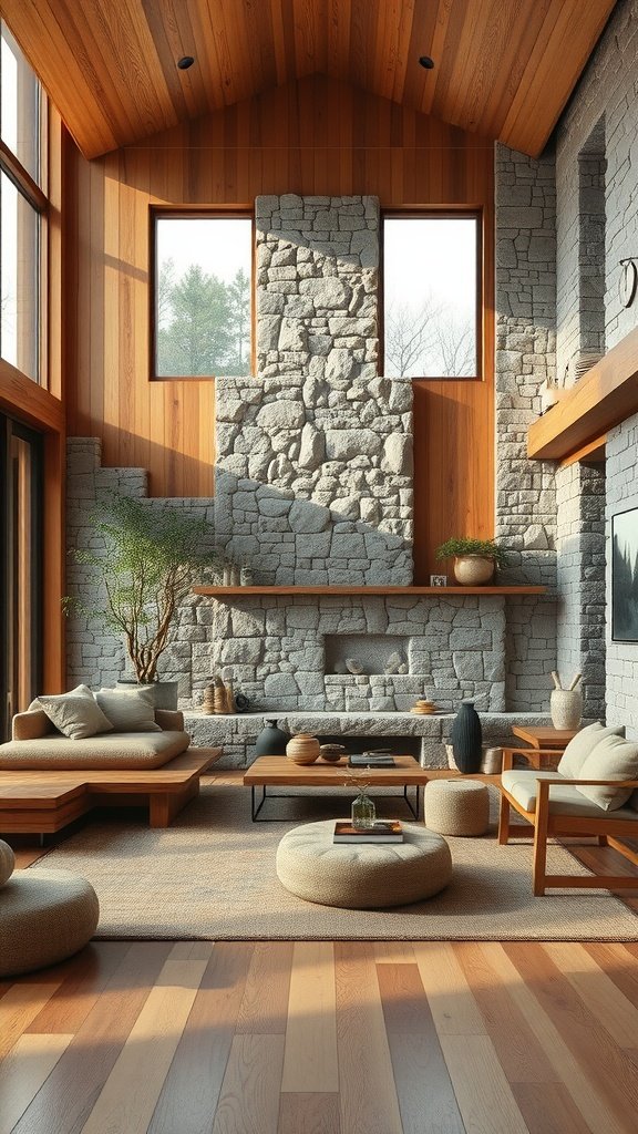 Serene living room featuring natural wood and stone elements.