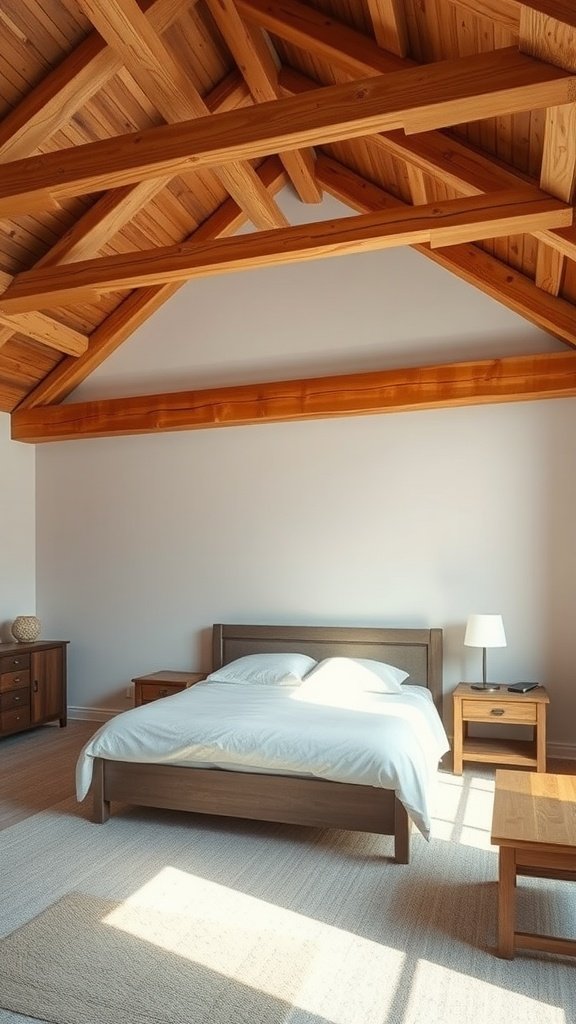 A bedroom with wooden beams and minimalistic decor