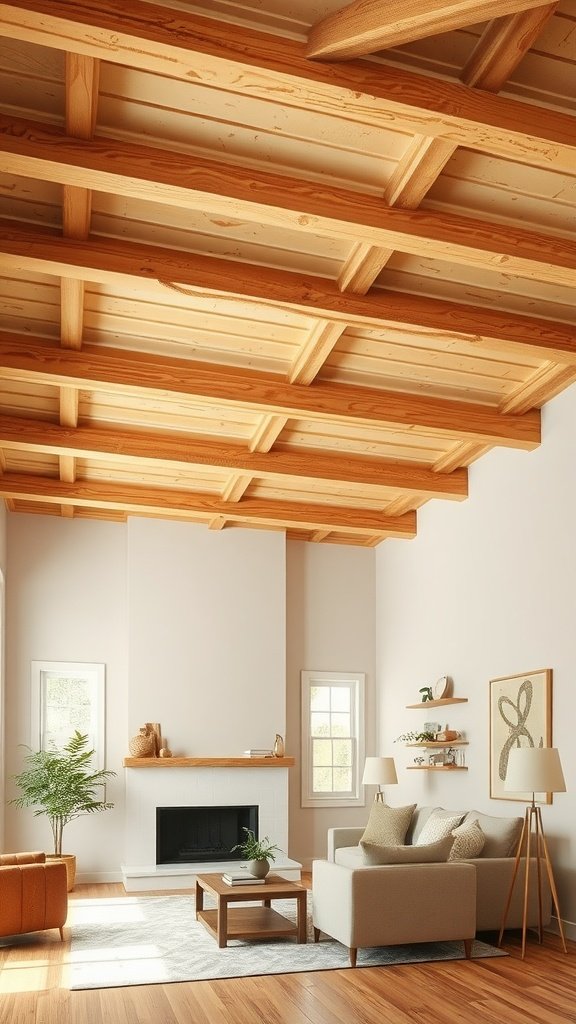 Living room featuring natural wood beams across the ceiling.