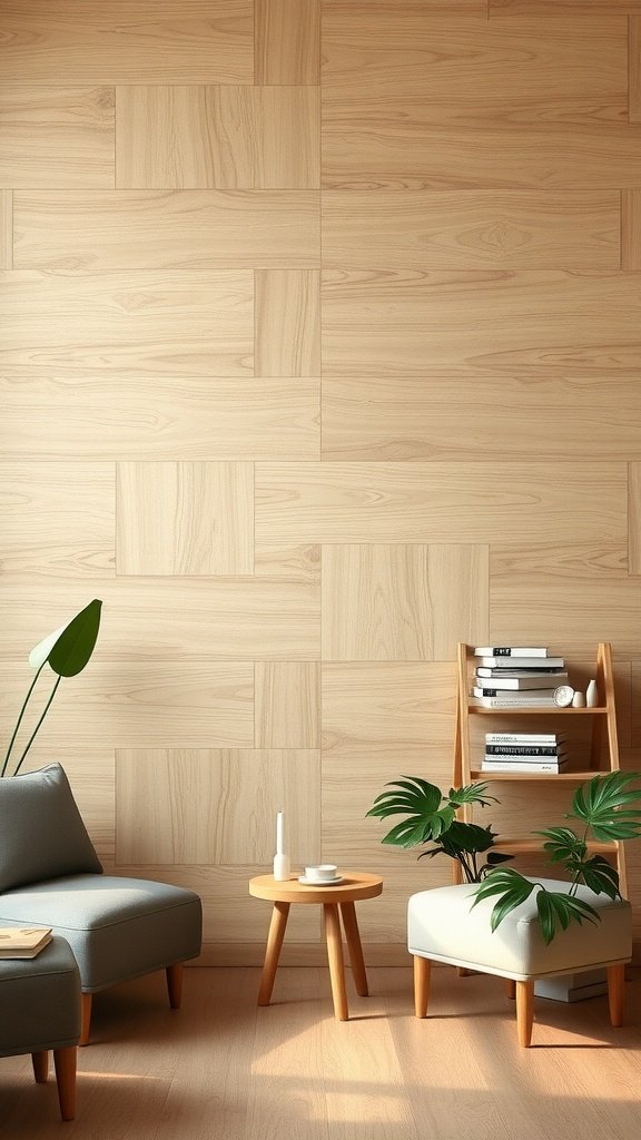 Modern living room with natural wood paneling and minimalist furniture.