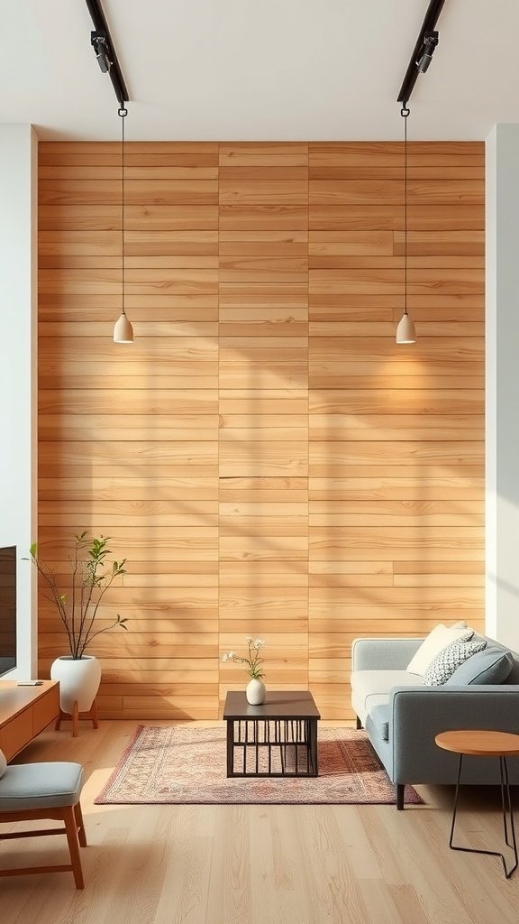 A modern living room featuring a natural wood slat accent wall, stylish furniture, and soft lighting.